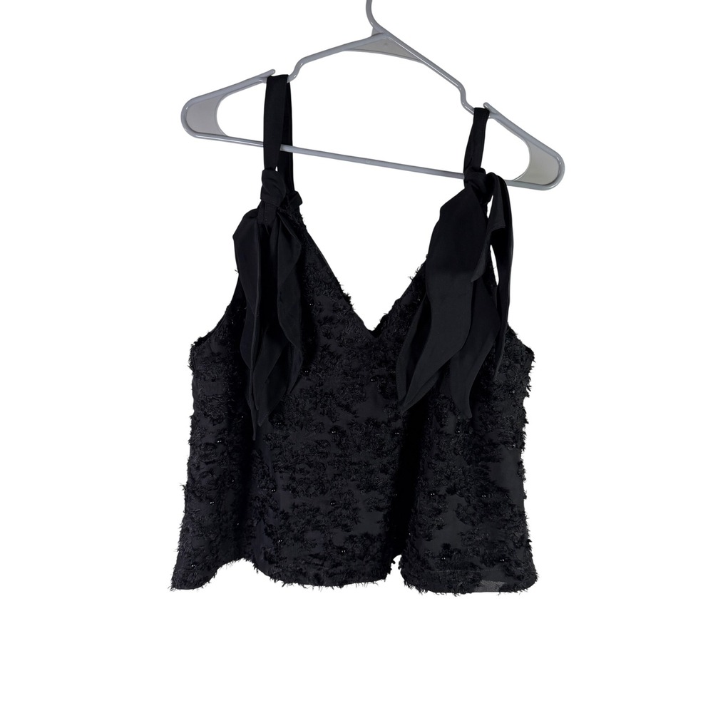 Julia Allert Black Textured Beaded Tie Shoulder V-Neck Top XL New